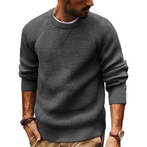 PJ PAUL JONES Mens Crewneck Sweater Waffle Knitted Pullover Sweaters Raglan Sleeve Knitwear Sweaters(Dark Grey)
