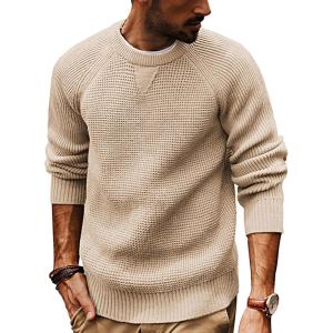 PJ PAUL JONES Mens Crewneck Sweater Waffle Knitted Pullover Sweaters Raglan Sleeve Knitwear Sweaters(Khaki)