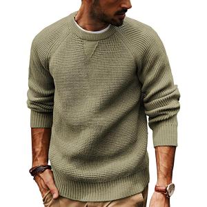 PJ PAUL JONES Mens Crewneck Sweater Waffle Knitted Pullover Sweaters Raglan Sleeve Knitwear Sweaters(Light Army Green)