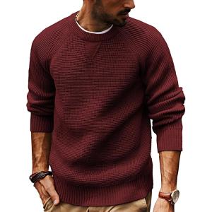 PJ PAUL JONES Mens Crewneck Sweater Waffle Knitted Pullover Sweaters Raglan Sleeve Knitwear Sweaters(Wine)