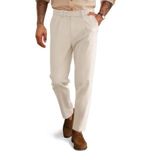 PJ PAUL JONES Mens Dress Pants Vintage Pleated Tapered Cropped Trousers Extended Waist Dress Pant Casual Slacks(Beige)