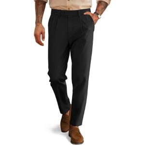 PJ PAUL JONES Mens Dress Pants Vintage Pleated Tapered Cropped Trousers Extended Waist Dress Pant Casual Slacks(Black)
