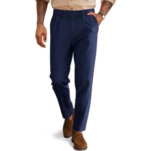 PJ PAUL JONES Mens Dress Pants Vintage Pleated Tapered Cropped Trousers Extended Waist Dress Pant Casual Slacks(Dark Blue)