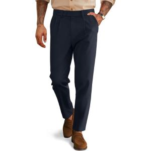 PJ PAUL JONES Mens Dress Pants Vintage Pleated Tapered Cropped Trousers Extended Waist Dress Pant Casual Slacks(Navy Blue)