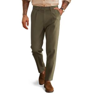 PJ PAUL JONES Mens Dress Pants Vintage Pleated Tapered Cropped Trousers Extended Waist Dress Pant Casual Slacks(Olive Green)