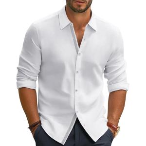 PJ PAUL JONES Mens Dress Shirts Wrinkle Free Stretch Button Down Shirt Casual Long Sleeve Business Shirts(White)