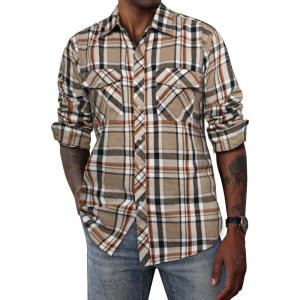 PJ PAUL JONES Mens Flannel Plaid Shirt Casual Long Sleeve Button Down Shirts with Pockets(Beige)