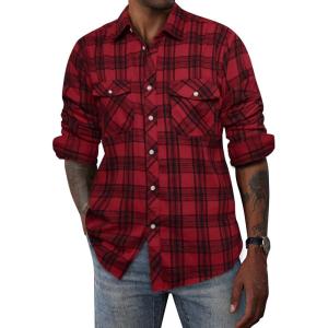 PJ PAUL JONES Mens Flannel Plaid Shirt Casual Long Sleeve Button Down Shirts with Pockets(Big Red)