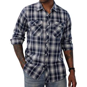PJ PAUL JONES Mens Flannel Plaid Shirt Casual Long Sleeve Button Down Shirts with Pockets(Blue White)