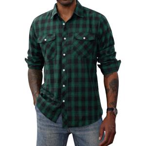 PJ PAUL JONES Mens Flannel Plaid Shirt Casual Long Sleeve Button Down Shirts with Pockets(Dark Green)