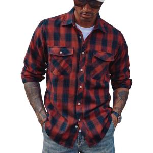 PJ PAUL JONES Mens Flannel Plaid Shirt Casual Long Sleeve Button Down Shirts with Pockets(Red)