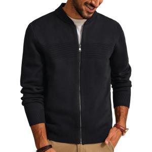 PJ PAUL JONES Mens Full Zip Cardigan Sweater Stand Collar Regular Fit Knit Sweaters(Black)
