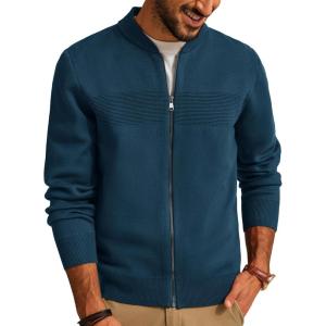PJ PAUL JONES Mens Full Zip Cardigan Sweater Stand Collar Regular Fit Knit Sweaters(Grey Blue)