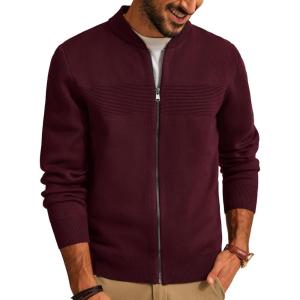 PJ PAUL JONES Mens Full Zip Cardigan Sweater Stand Collar Regular Fit Knit Sweaters(Wine Red)