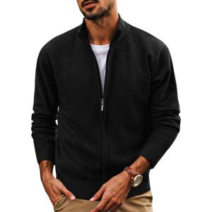 PJ PAUL JONES Men’s Full Zip Cardigan Sweaters Casual Stand Collar Cardigan Slim Fit Knitted Sweater(Black)