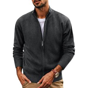 PJ PAUL JONES Men’s Full Zip Cardigan Sweaters Casual Stand Collar Cardigan Slim Fit Knitted Sweater(Carbon Grey)
