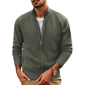 PJ PAUL JONES Men’s Full Zip Cardigan Sweaters Casual Stand Collar Cardigan Slim Fit Knitted Sweater(Grey Green)