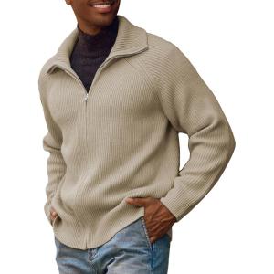 PJ PAUL JONES Men’s Full Zip Cardigan Sweaters Unisex Relax Fit Lapel Collar Raglan Sleeve Casual Ribbed Sweater(Apricot)