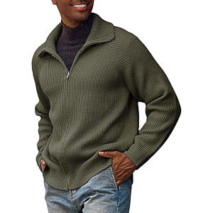 PJ PAUL JONES Men’s Full Zip Cardigan Sweaters Unisex Relax Fit Lapel Collar Raglan Sleeve Casual Ribbed Sweater(Army Green)