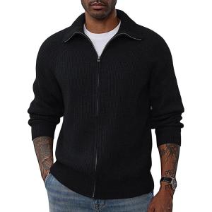PJ PAUL JONES Men’s Full Zip Cardigan Sweaters Unisex Relax Fit Lapel Collar Raglan Sleeve Casual Ribbed Sweater(Black)