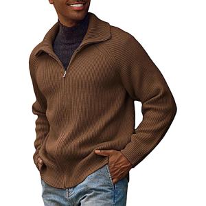 PJ PAUL JONES Men’s Full Zip Cardigan Sweaters Unisex Relax Fit Lapel Collar Raglan Sleeve Casual Ribbed Sweater(Brown)