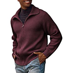 PJ PAUL JONES Men’s Full Zip Cardigan Sweaters Unisex Relax Fit Lapel Collar Raglan Sleeve Casual Ribbed Sweater(Burgundy)