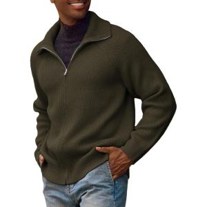 PJ PAUL JONES Men’s Full Zip Cardigan Sweaters Unisex Relax Fit Lapel Collar Raglan Sleeve Casual Ribbed Sweater(Dark Green)