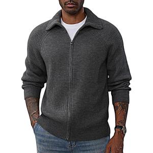 PJ PAUL JONES Men’s Full Zip Cardigan Sweaters Unisex Relax Fit Lapel Collar Raglan Sleeve Casual Ribbed Sweater(Dark Grey)
