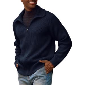 PJ PAUL JONES Men’s Full Zip Cardigan Sweaters Unisex Relax Fit Lapel Collar Raglan Sleeve Casual Ribbed Sweater(Dark Navy)