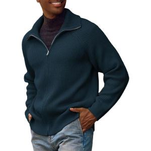 PJ PAUL JONES Men’s Full Zip Cardigan Sweaters Unisex Relax Fit Lapel Collar Raglan Sleeve Casual Ribbed Sweater(Denim Blue)