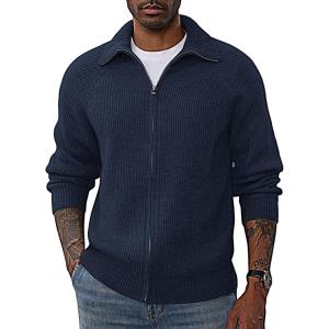 PJ PAUL JONES Men’s Full Zip Cardigan Sweaters Unisex Relax Fit Lapel Collar Raglan Sleeve Casual Ribbed Sweater(Navy)