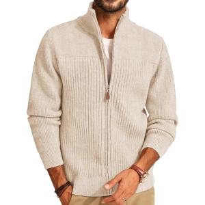 PJ PAUL JONES Men’s Full Zipper Cardigan Casual Stand Collar Cardigan Sweater Ribbed Knit Long Sleeve Sweater(Apricot)