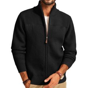 PJ PAUL JONES Men’s Full Zipper Cardigan Casual Stand Collar Cardigan Sweater Ribbed Knit Long Sleeve Sweater(Black)