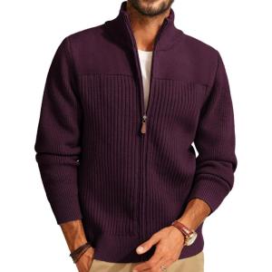 PJ PAUL JONES Men’s Full Zipper Cardigan Casual Stand Collar Cardigan Sweater Ribbed Knit Long Sleeve Sweater(Burgundy)
