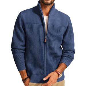 PJ PAUL JONES Men’s Full Zipper Cardigan Casual Stand Collar Cardigan Sweater Ribbed Knit Long Sleeve Sweater(Dark Blue)