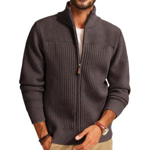 PJ PAUL JONES Men’s Full Zipper Cardigan Casual Stand Collar Cardigan Sweater Ribbed Knit Long Sleeve Sweater(Dark Coffee)