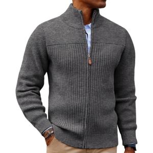 PJ PAUL JONES Men’s Full Zipper Cardigan Casual Stand Collar Cardigan Sweater Ribbed Knit Long Sleeve Sweater(Dark Gray)