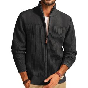 PJ PAUL JONES Men’s Full Zipper Cardigan Casual Stand Collar Cardigan Sweater Ribbed Knit Long Sleeve Sweater(Dark Grey)