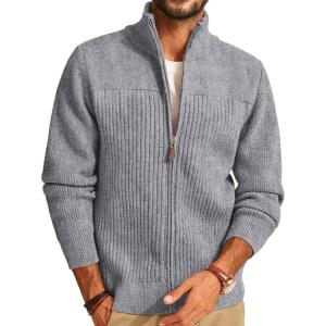 PJ PAUL JONES Men’s Full Zipper Cardigan Casual Stand Collar Cardigan Sweater Ribbed Knit Long Sleeve Sweater(Light Gray)
