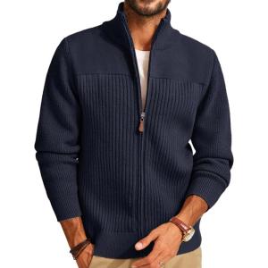 PJ PAUL JONES Men’s Full Zipper Cardigan Casual Stand Collar Cardigan Sweater Ribbed Knit Long Sleeve Sweater(Navy Blue)