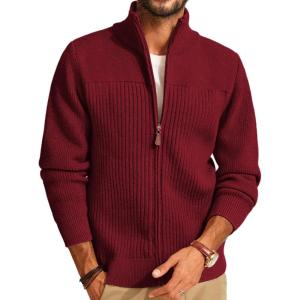 PJ PAUL JONES Men’s Full Zipper Cardigan Casual Stand Collar Cardigan Sweater Ribbed Knit Long Sleeve Sweater(Red)