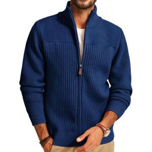 PJ PAUL JONES Men’s Full Zipper Cardigan Casual Stand Collar Cardigan Sweater Ribbed Knit Long Sleeve Sweater(Royal Blue)