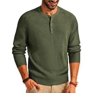 PJ PAUL JONES Men’s Henley Long Sleeve Sweaters Solid Color Soft Warm Pullover Sweaters(Army Green)