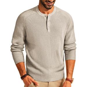 PJ PAUL JONES Men’s Henley Long Sleeve Sweaters Solid Color Soft Warm Pullover Sweaters(Beige)