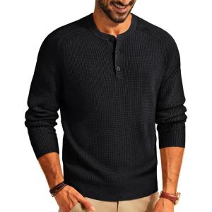 PJ PAUL JONES Men’s Henley Long Sleeve Sweaters Solid Color Soft Warm Pullover Sweaters(Black)