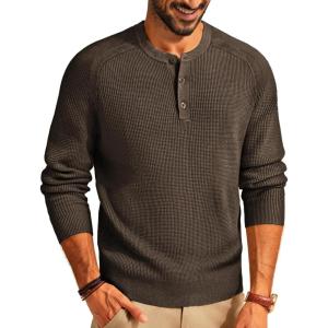 PJ PAUL JONES Men’s Henley Long Sleeve Sweaters Solid Color Soft Warm Pullover Sweaters(Brown)