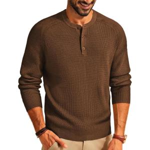 PJ PAUL JONES Men’s Henley Long Sleeve Sweaters Solid Color Soft Warm Pullover Sweaters(Coffee)