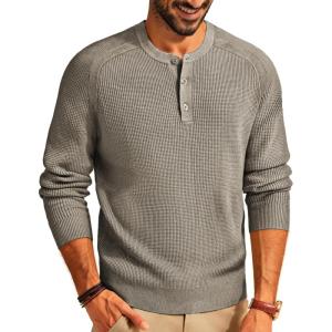 PJ PAUL JONES Men’s Henley Long Sleeve Sweaters Solid Color Soft Warm Pullover Sweaters(Khaki)