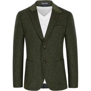 PJ PAUL JONES Mens Herringbone Blazer Vintage Tweed Wool Blend Sport Coat Jacket(Army Green)