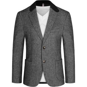 PJ PAUL JONES Mens Herringbone Blazer Vintage Tweed Wool Blend Sport Coat Jacket(Black)